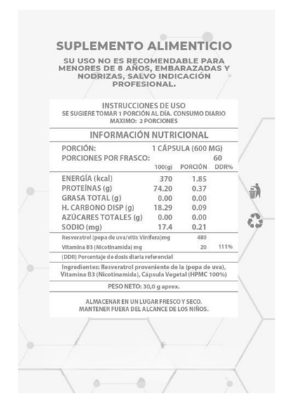 NAD+ Resveratrol 60 Cápsulas de 500mg | Retrasa el envejecimiento y potencia tu vitalidad
